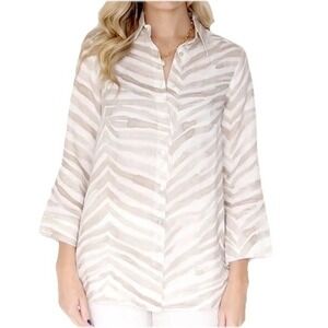 iLinen Classic Button Down Shirt Natural Zebra 100% Linen Lagenlook Women S $286